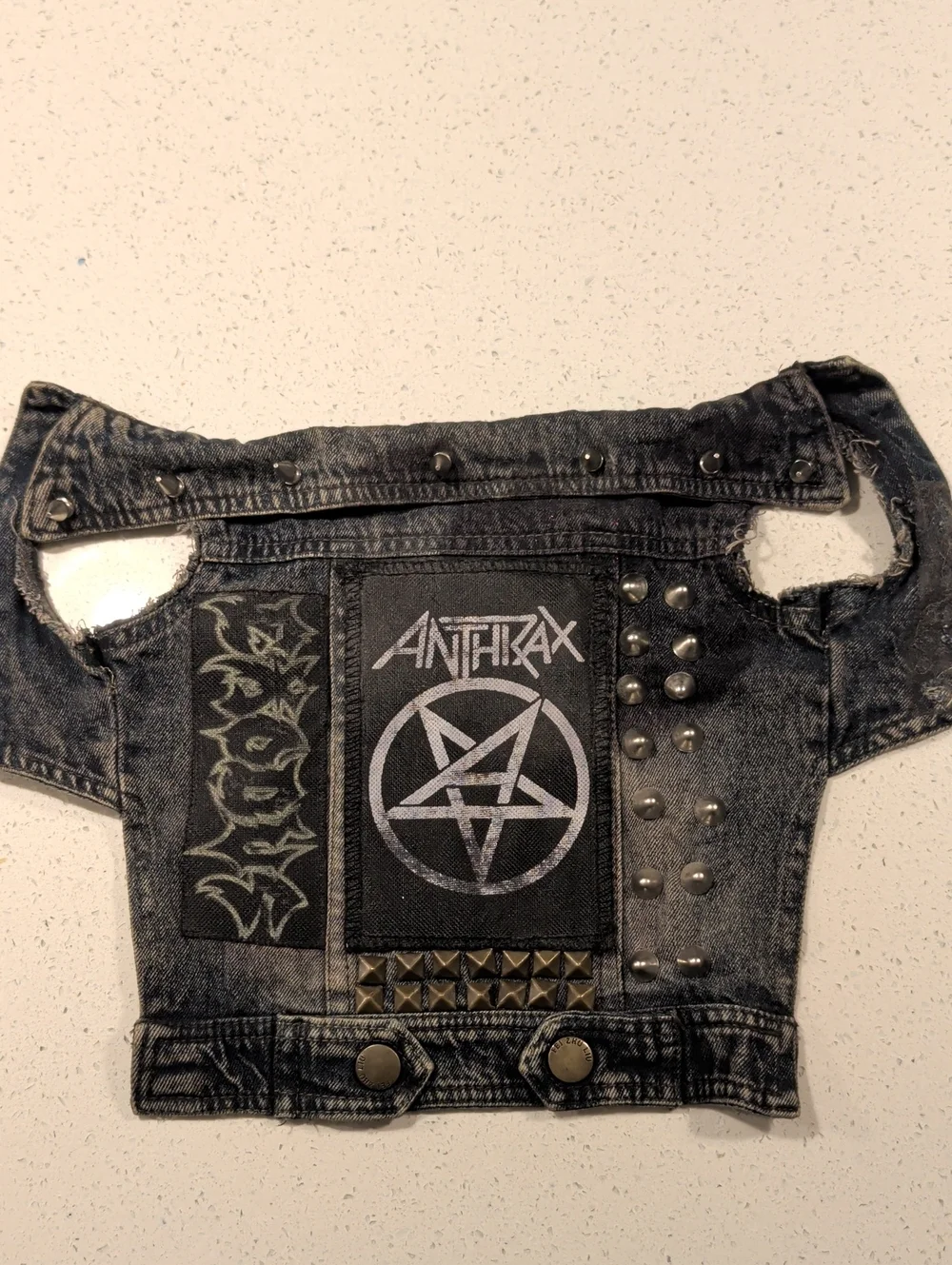 Custom Anthrax Patch Studded Black Denim Dog Vest